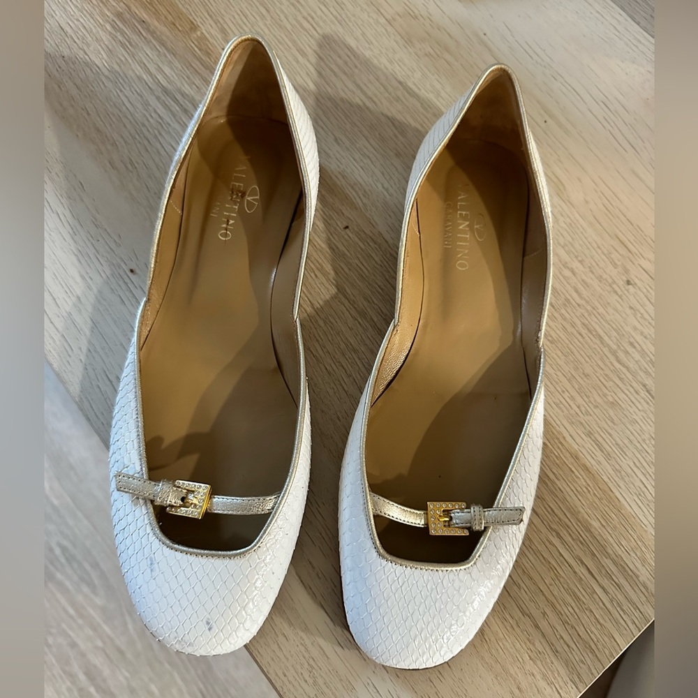 Valentino Garavani White Flats with Gold Buckle